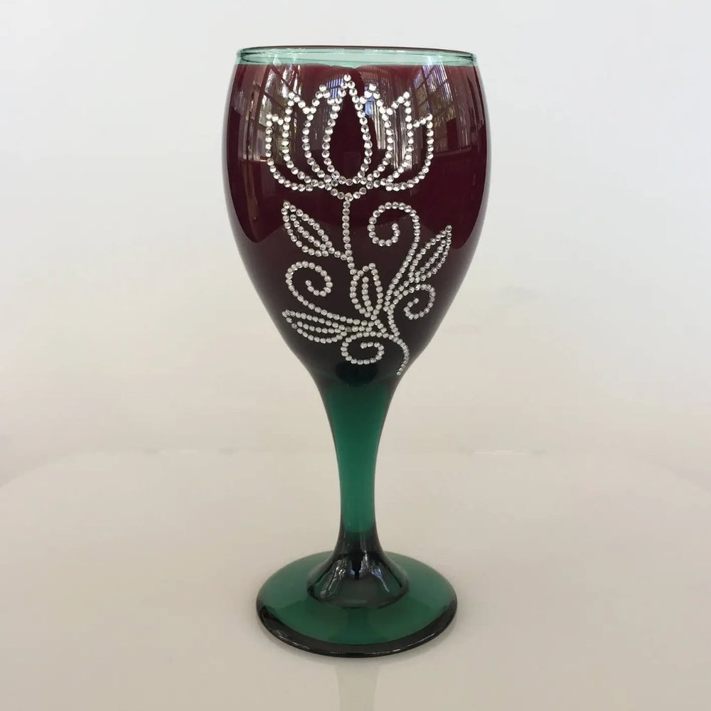 Green tinted wine glass, unique, handmade. Two-Sided, silver rhinestones
